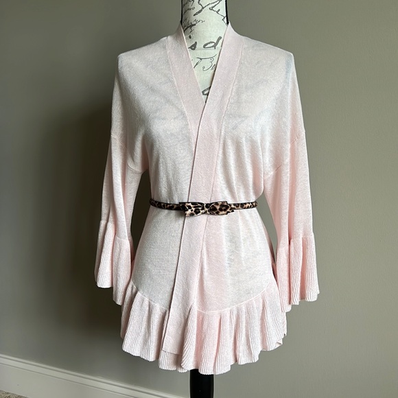 NEW Ann Taylor Pink Ruffle Open Cardigan Lightweight Linen Blend Sweater - Picture 2 of 11
